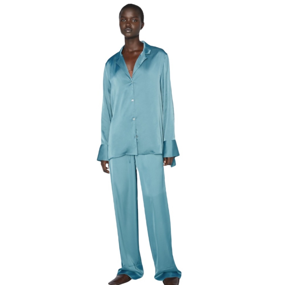 Zara set satin effect shirt blue size medium and pant size small.